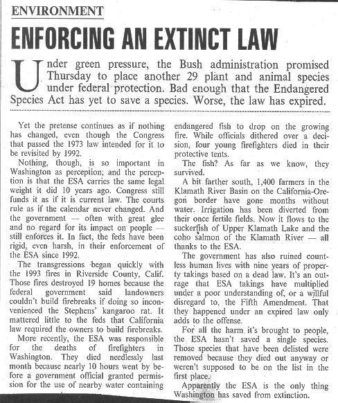 ESA extinct newspaper clipping