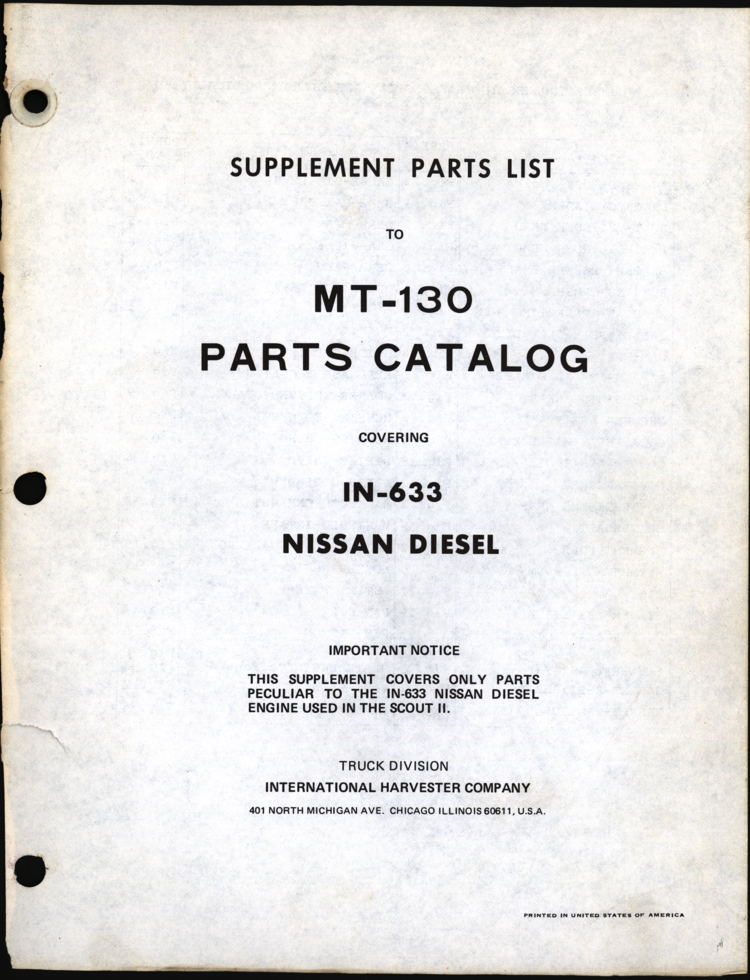 International Harvester IN-633 Nissan Diesel, Supplement to MT-130 Parts Catalog