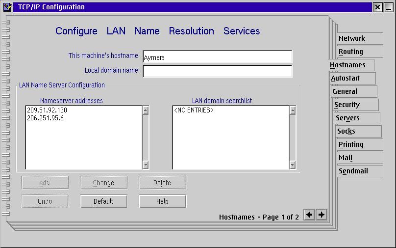 Screenshot of TCP/IP configuration (TCPCFG.exe), Hostnames tab