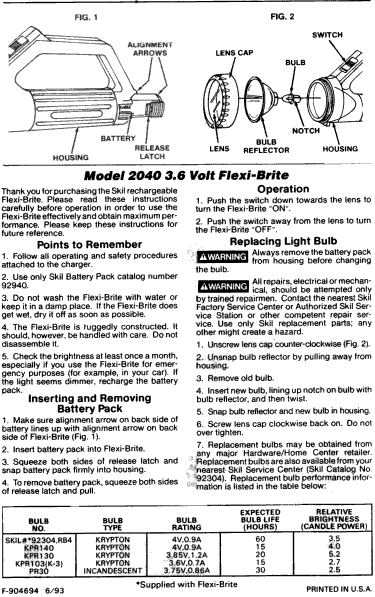 Model 2040 Flexi-Brite Flashlight Parts List