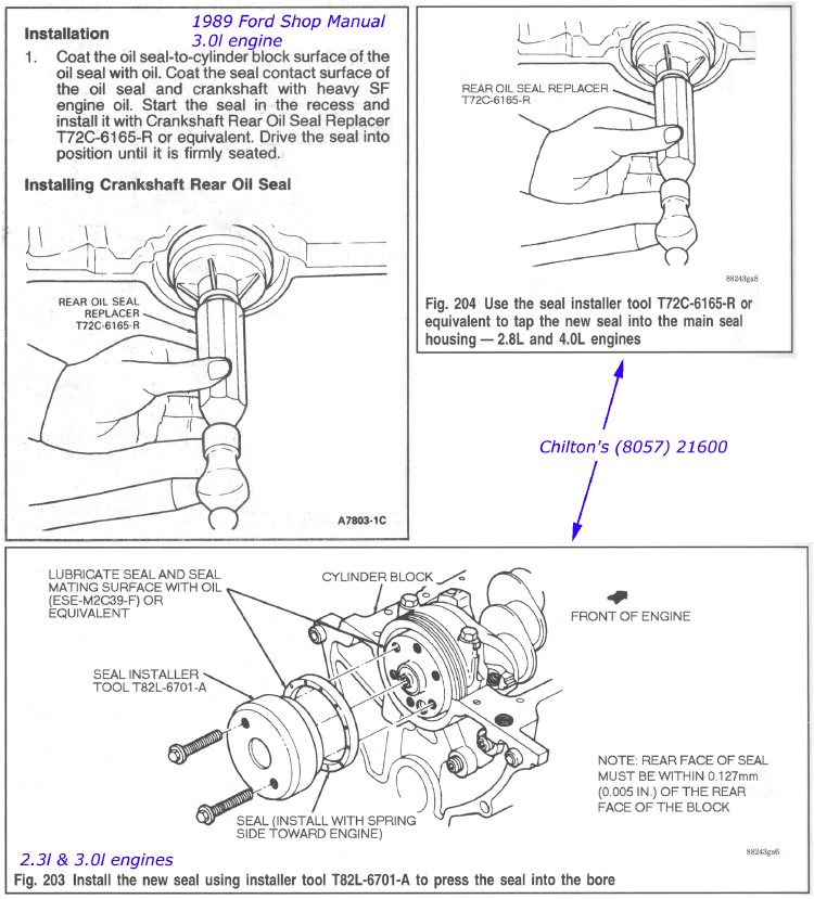 Various illustrations of two tools to install the rear main seal